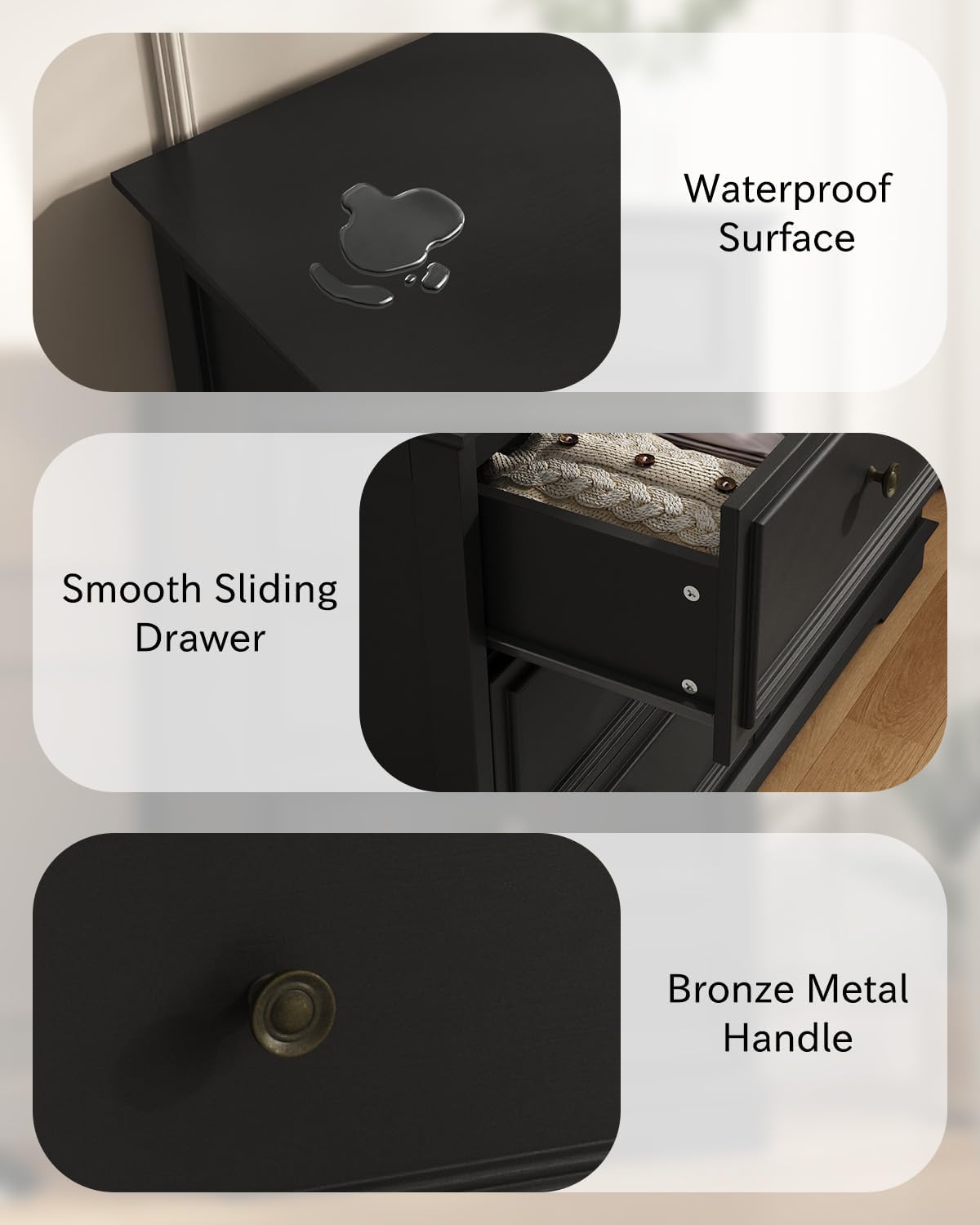 Close-up images showing the waterproof surface, smooth-sliding drawer, and bronze metal handle of the dresser