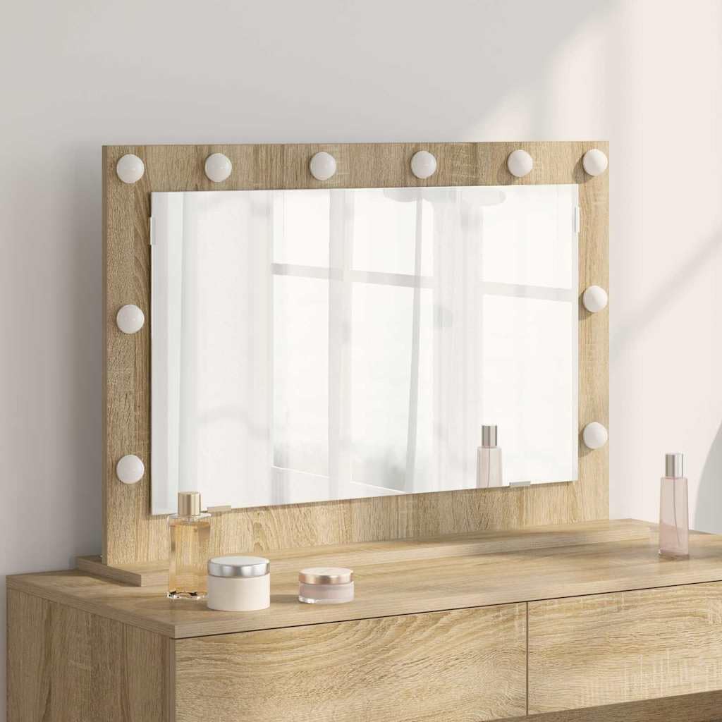 Lustro umywalkowe LED z ciepłym białym światłem, prostokątne, dąb Sonoma, 80 x 55 x 18 cm, fornirowane drewno i szkło, do łazienki, sypialni, korytarza, energooszczędne, nowoczesne wzornictwo