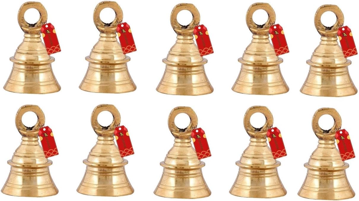 UAPAN Brass Hanging Bell for Festival Home Decoration with J hock (3 Inch, Pack of 10)