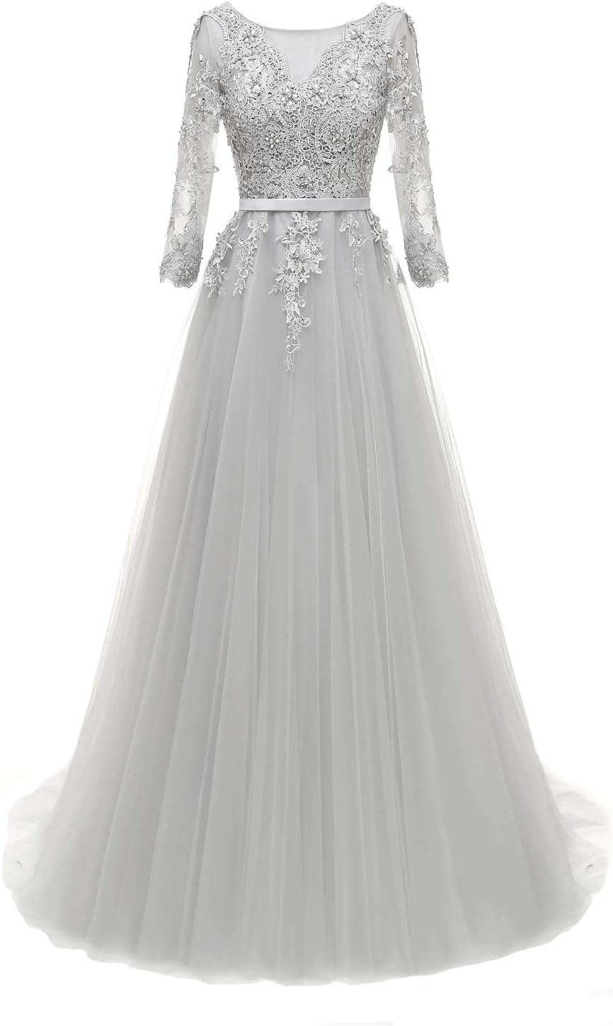 Rain Choi 3/4 Sleeves Formal Evening Gowns Womens Long Prom Dress (Gray, 16)