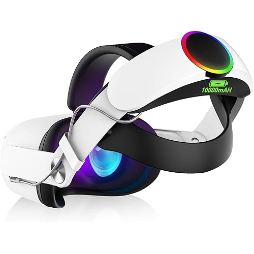 RGB Head Strap for Oculus/Meta Quest 2 Head Strap with Battery 10000mAh Pack for Extended 8 Hrs of Playtime, Fast Charging VR Power, Adjustable Elite Strap Enhanced Support and Balance in VR