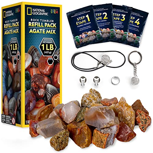 National Geographic Rock Tumbler Refill Kit - 1 Lb. Mix of Genuine Rough Agate Rocks for Tumbling - Rock Tumbler Supplies Include Rock Tumbler Grit and Jewelry Accessories, Raw Agate