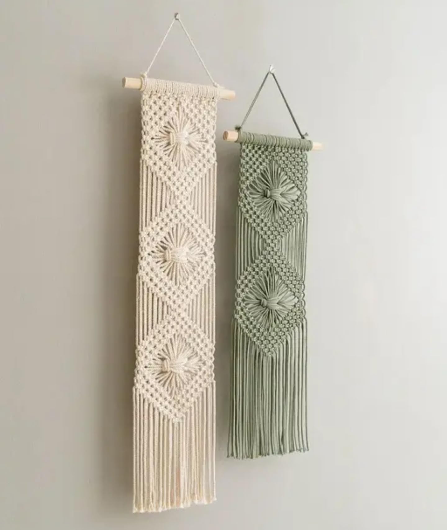 Suspension murale macramé lot de 2 déco bohème tissage diamant fait main crème vert sauge