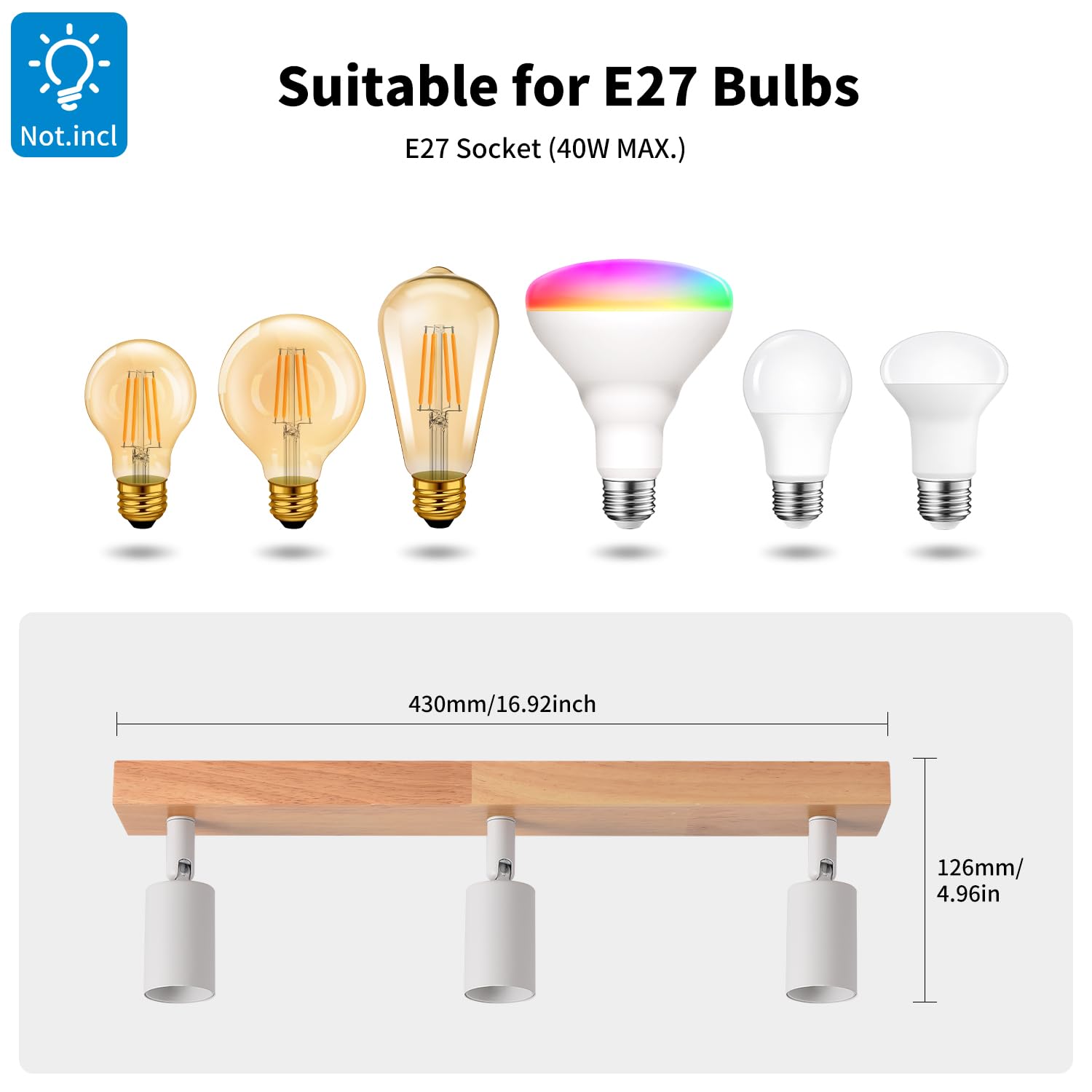 LVWIT Lampa sufitowa LED E27 z 3 reflektorami, białe oświetlenie wewnętrzne, drewniana lampa sufitowa z prostokątną podstawą, lampa ścienna do sypialni, żyrandol kuchenny (bez żarówek)