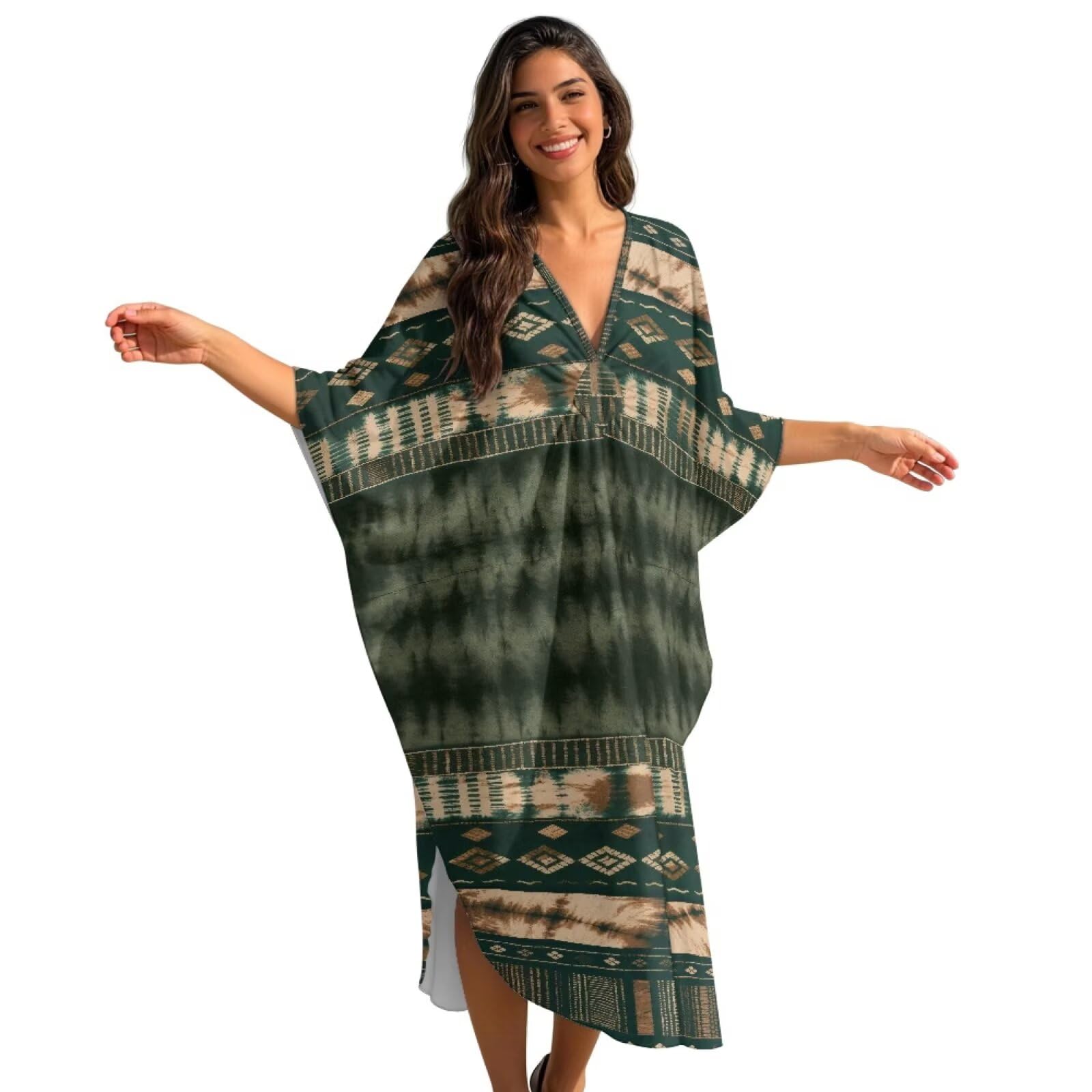Poceacles Damska sukienka kaftanowa tie-dye wzór plus size sukienka boho z rękawami nietoperzowymi zwiewna kaftan okrycie plażowe