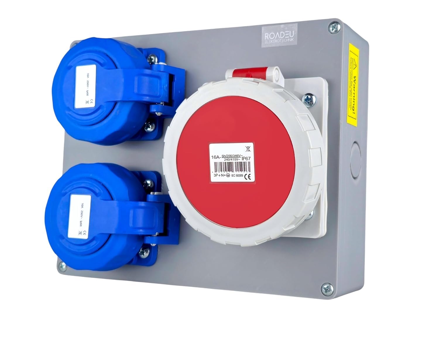 RoadEu – Caja de Distribución IP67 Estanca | 2x Enchufe Schuko 230V + 1x CEE 16A 5P 400V | Cuadro Híbrido Precableado para Obra