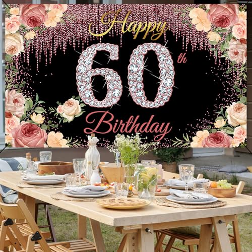 60th Birthday Decorations for Women Men, Happy 60th Birthday Banner Backdrop, Gold Floral 60 Year Old Birthday Party Yard Sign Photo Booth Props Supplies, Sixty Birthday Decor, Fabric, Vicycaty