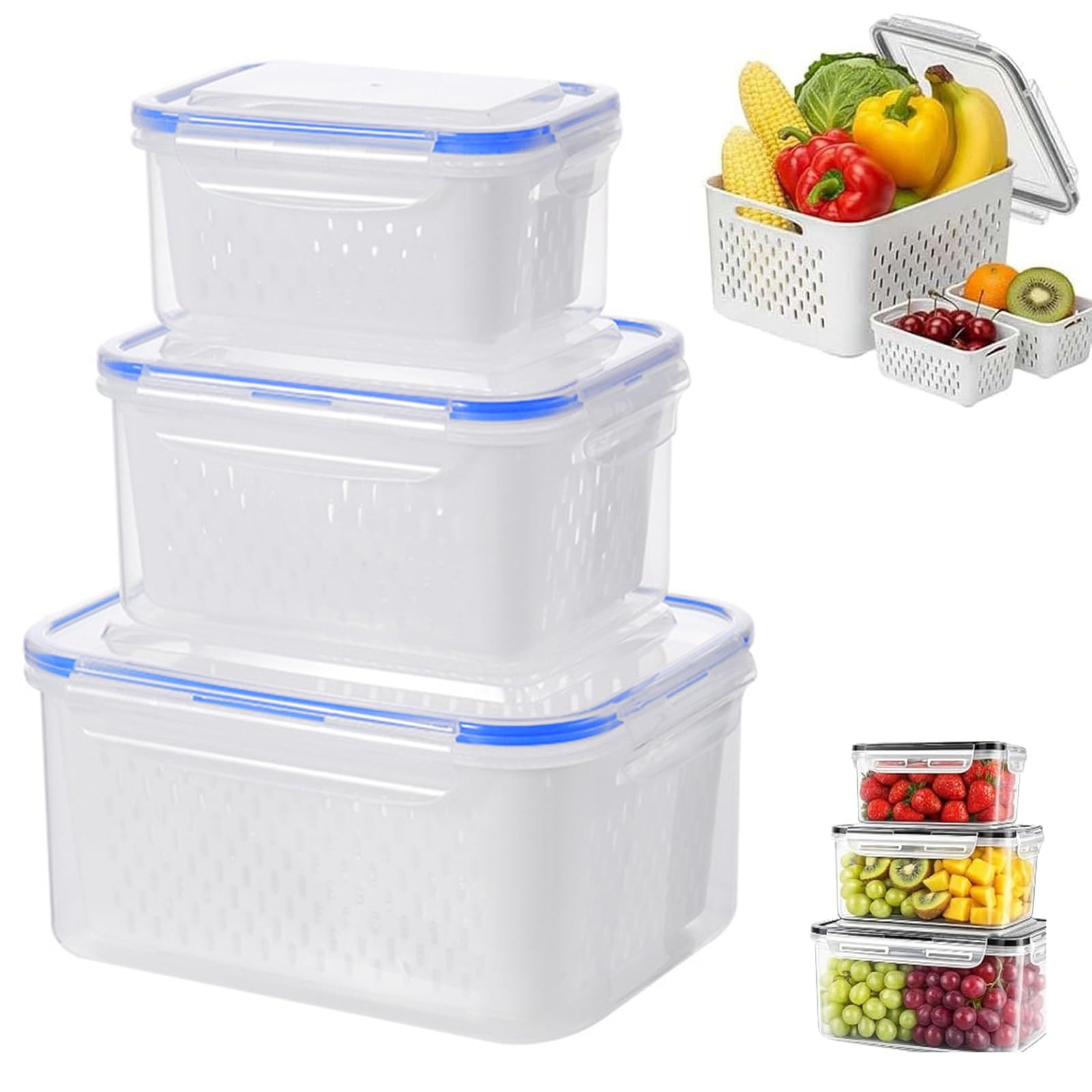Sohodoo Food Storage Container,Fruit Storage Containers, Leakproof Food Storage Including Drain Basket, Multipurpose Large Fruit Containers for Fridge(Blue)
