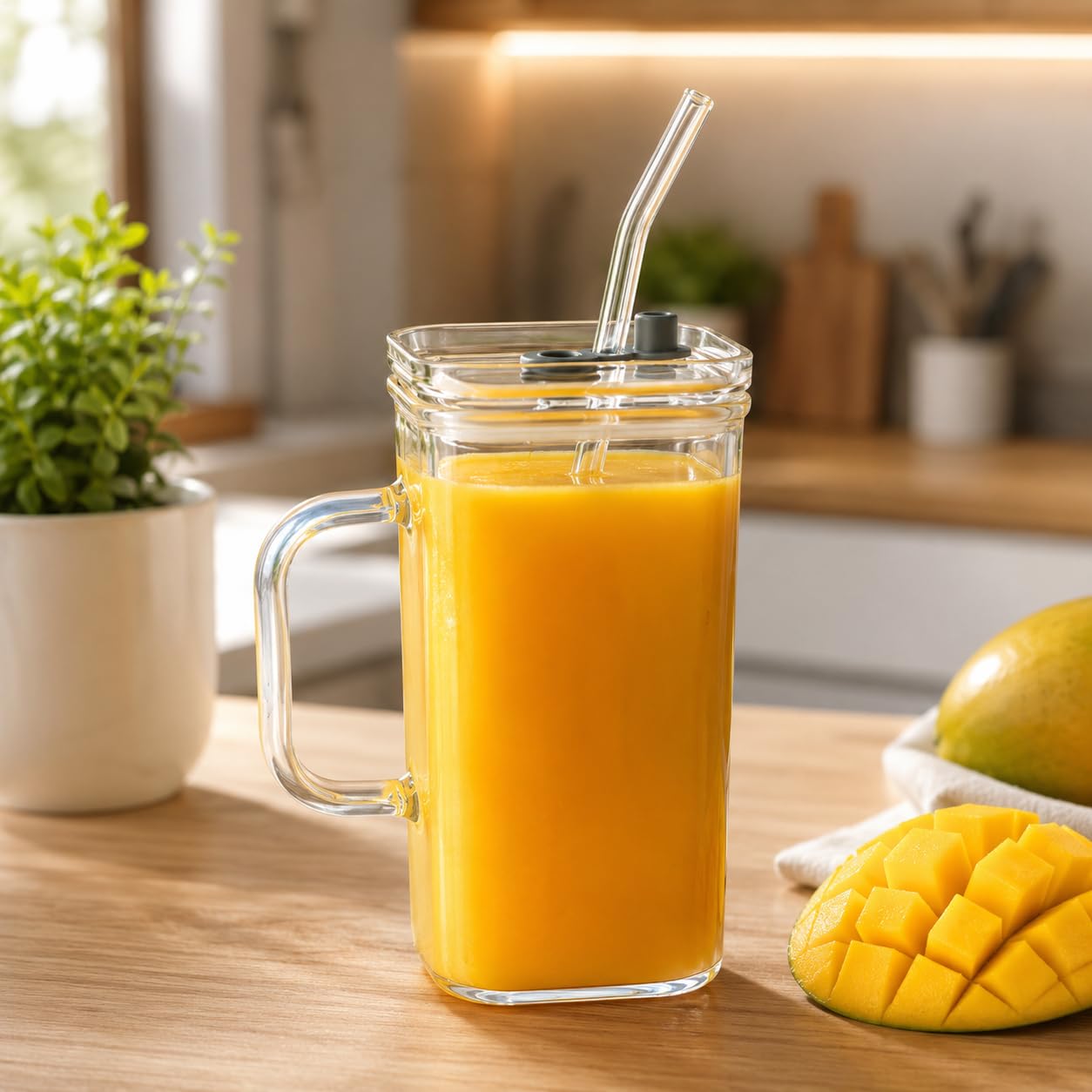 Square Glass Mug with Lid and Glass Straw 400ml | Borosilicate Drinking Tumbler with Handle | Reusable Cup for Coffee Juice Smoothies Bubble Tea Milk Water-image-22