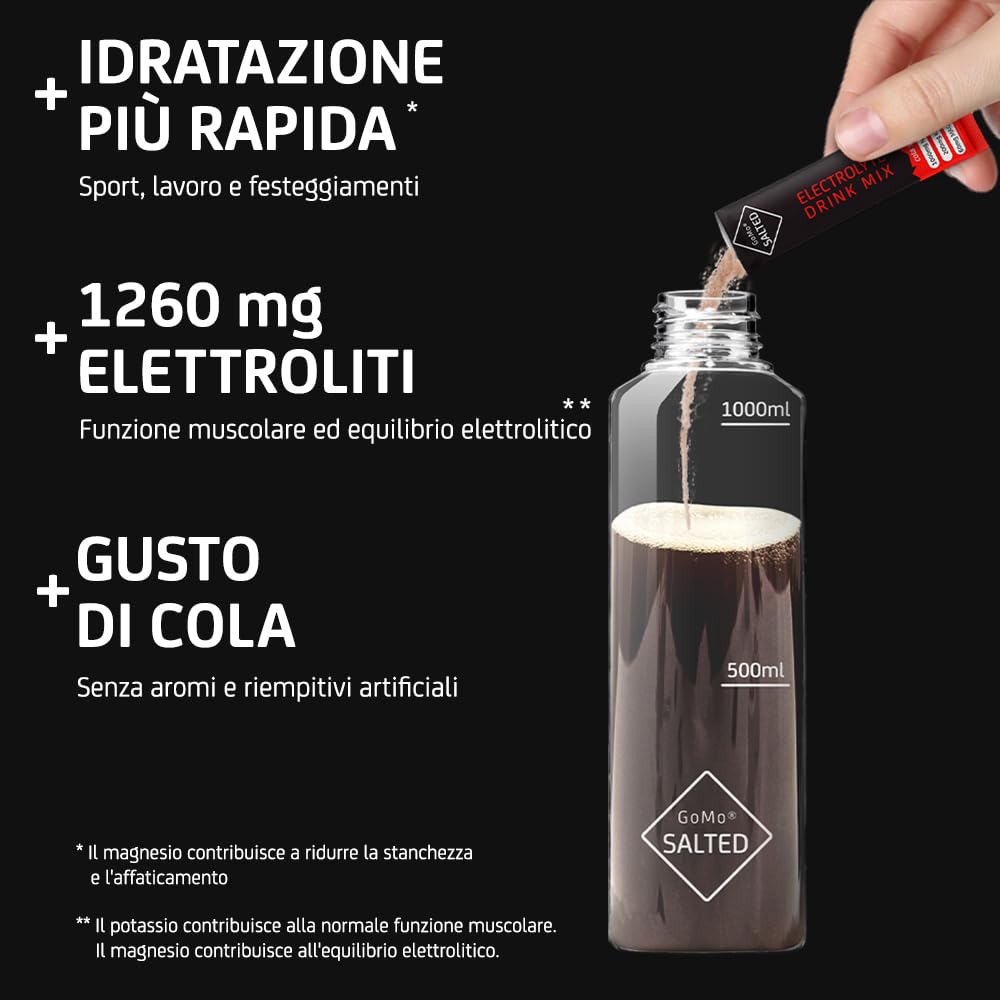 GoMo SALTED Hydration Aid | Elettroliti senza zucchero | migliore assorbimento dell'acqua e idratazione rapida | 30 porzioni singole di polvere elettrolitica con sale alpino svizzero | Gusto Cola