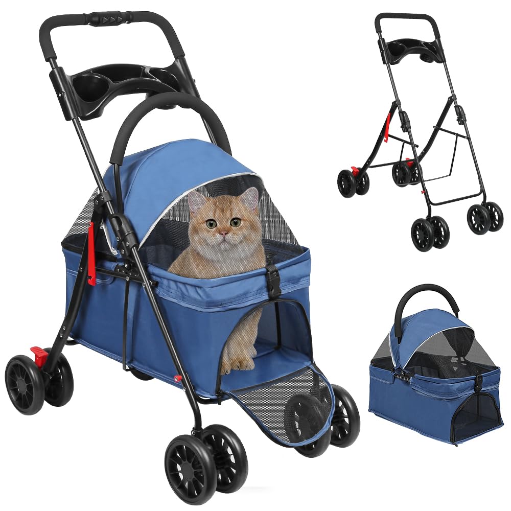Passeggino 2 in 1 per cani e gatti, pieghevole e pratico, con navicella rimovibile di sicurezza, fino a 20 kg, per cani di piccola taglia media (blu)