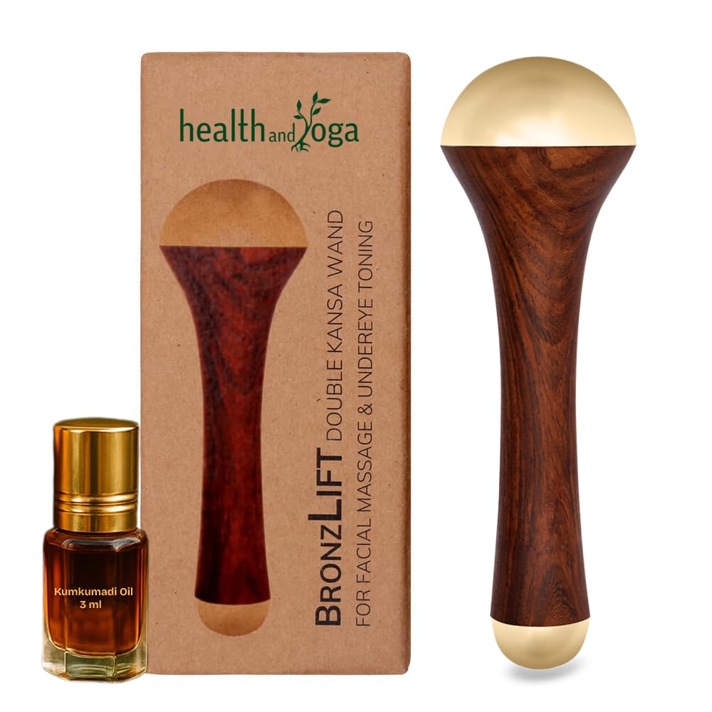 HealthAndYoga™ BronzLift Kansa Wand - Both Side Bronze Cap - Added Beauty Face Oil Vial - Ayurveda Face Yoga Beauty Tool - Facial, Neck & Under-Eye Massage – Toning and Sculpting (Double Dome)