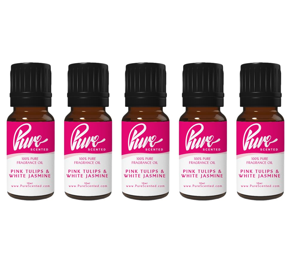 Pure Scented 50ml Fragrance Oils - 5 x 10ml Suitable for Candles, Soaps, Slime, Diffusers, Cosmetics, Wax Melts, Designer (5 x 10ml, Pink Tulips & White Jasmine)