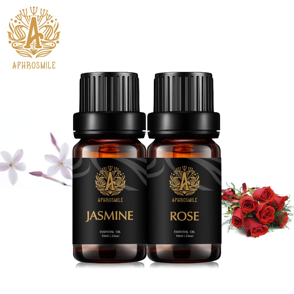 Aromatherapy Rose Essential Oils Jasmine Set, 100% Pure Jasmine Scented Oils Rose Set, 2x10ml Therapeutic Grade Jasmine Aromatherapy Essential Oils Rose Fragrance Kit for Diffuser, Humidifier, Home