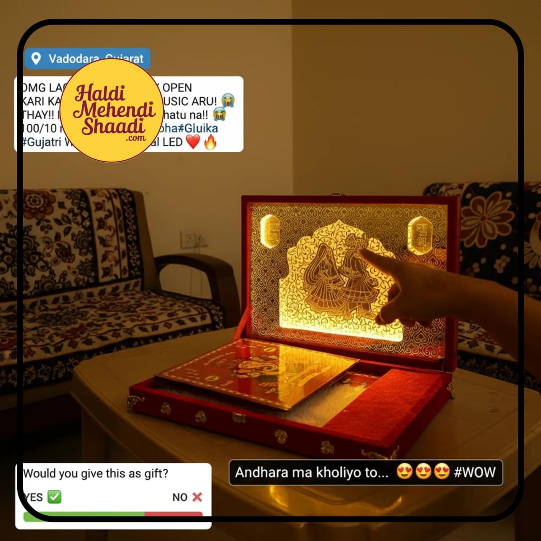 HALDI MEHENDI SHAADI Music & Light Red Velvet Wedding Invitation Box with Golden Frame, Ganesh Design, 38 x 27.5 cm, Traditional Marriage Lagan Patrika for Wedding Platter 3