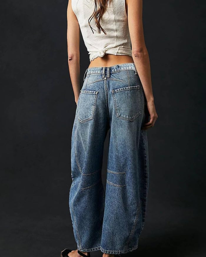 Barrel Jeans Women,Women Mid Rise Barrel Jeans Wide Leg Baggy Trendy Jeans Boyfriend Vintage Denim Pants with Pocket3