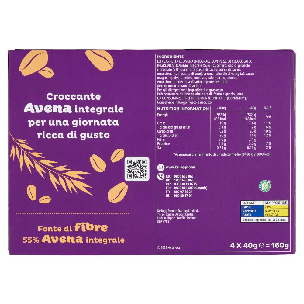 Barrette Croccanti Oaties di Avena Integrale con Pezzi di Cioccolato, Confezione Viola, 160g [BOX con 6 Confezioni]