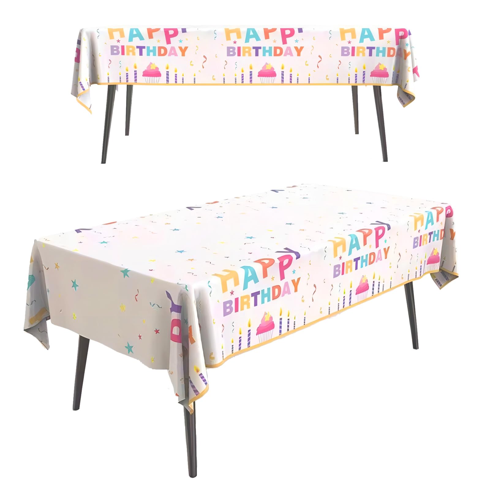 2Pack Birthday Party Table Cloth,54x72in Happy Birthday Party Tablecloth for Boys Girls White Plastic Confetti Disposable Rectangular Party Table Cover for Kids Baby Birthday Themed Party Decorations