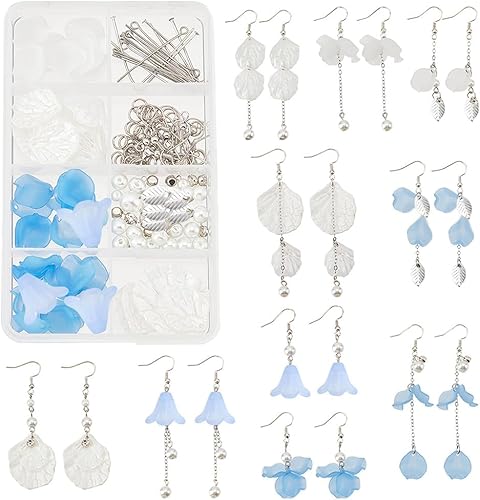 SUNNYCLUE 1 caja de 10 pares de dijes florales 3D, kit de fabricación de aretes colgantes de flores acrílicas azul aguamarina para hacer joyas,