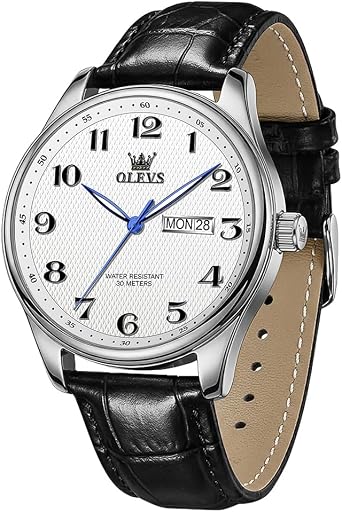 OLEVS Mens Watches Leather Strap Quartz Waterproof Gents Wristwatch