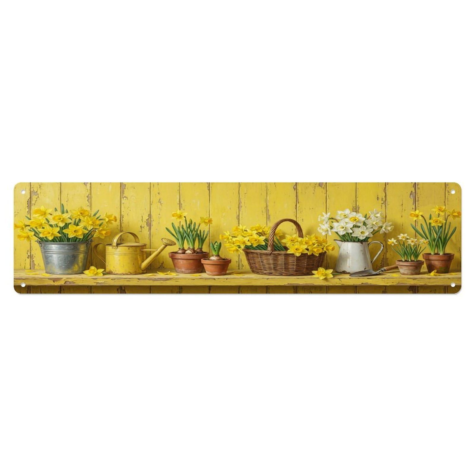 Floral Garden Tools Daffodil Bucket Pattern Print Metal Tin Sign