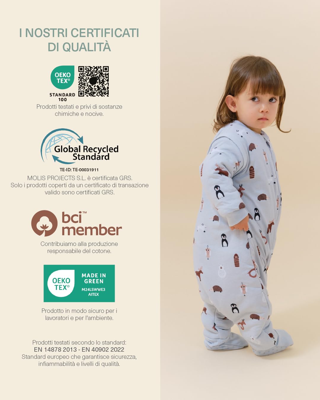 molis&co - Sacco Nanna con piedini, maniche staccabili e calzini - Sacco nanna invernale per Bambini - Sacchi Nanna 2.5 tog con piedini - 100% Cotone (Oeko-TEX 100) (Winter Animals, 1 anno)