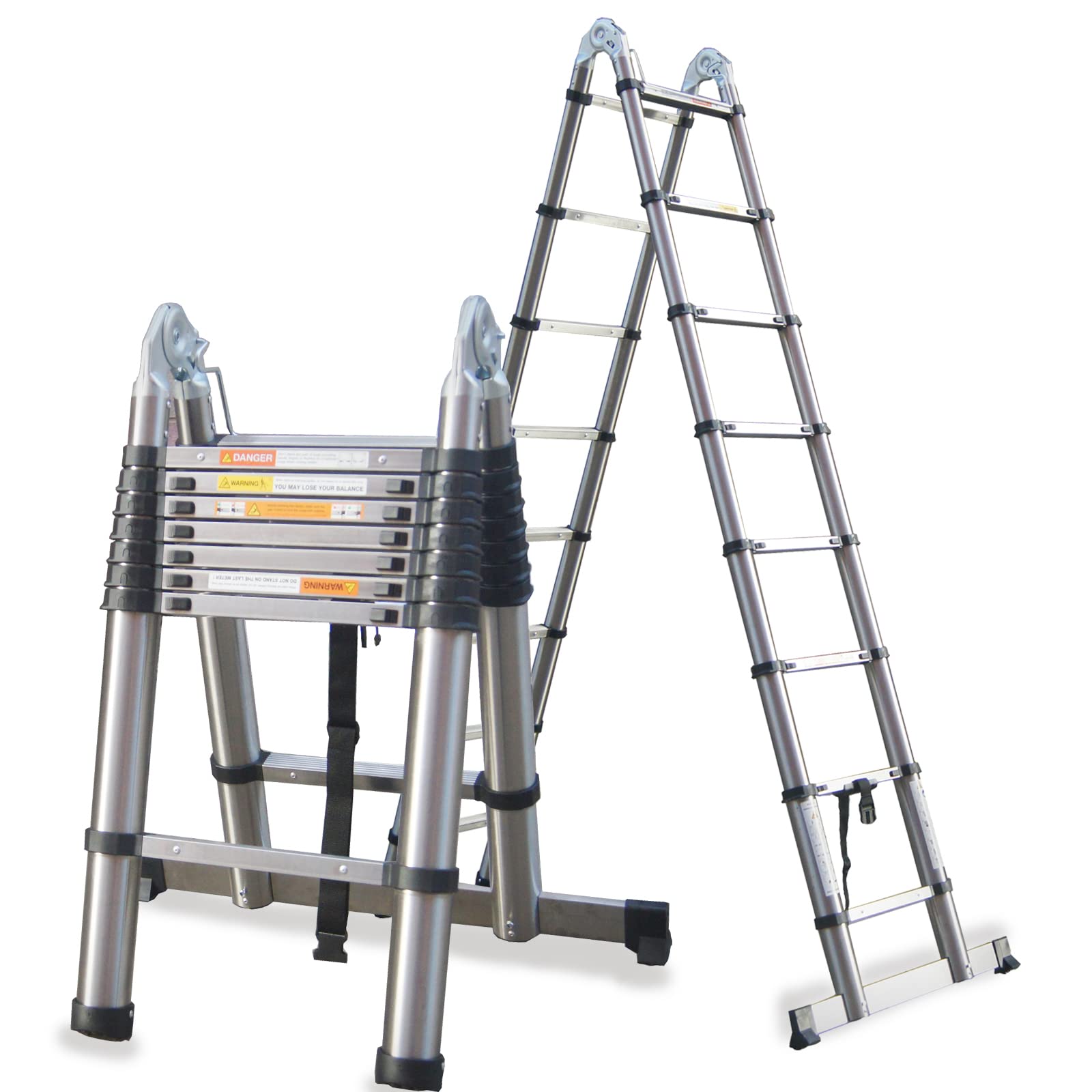 Retractable Ladder 5M 16.4FT with 330lb Load Capacity 16 Steps A-Frame Folding Extendable Multi-purpose Stainless Steel Ladder for Household Daily Office Home Garden Construction Site Use