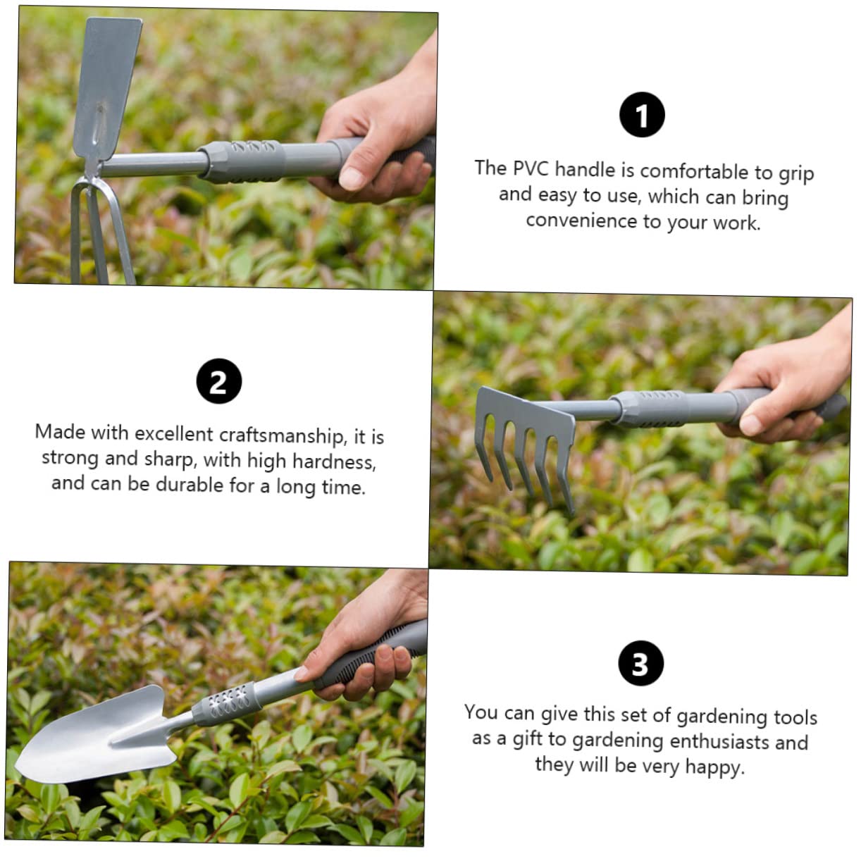BESTonZON Kit Outils de Jardinage 3 Pièces en Acier et PVC, Pelle de Jardin Argentée, Outil Creuser Terre pour Plantation, Jardinage Interieur