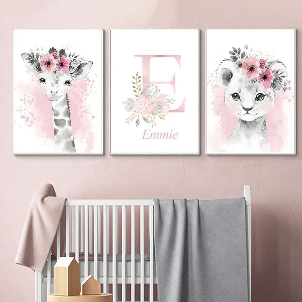 3 Quadri Personalizzati Nome Nascita Stampe Animali Cameretta Bimbo Rosa 30x 40 cm Quadro Cameretta Bambina Decorativi da Parete Bambini Poster Camera Ragazza Ragazzo Regalo Tela senza Cornice