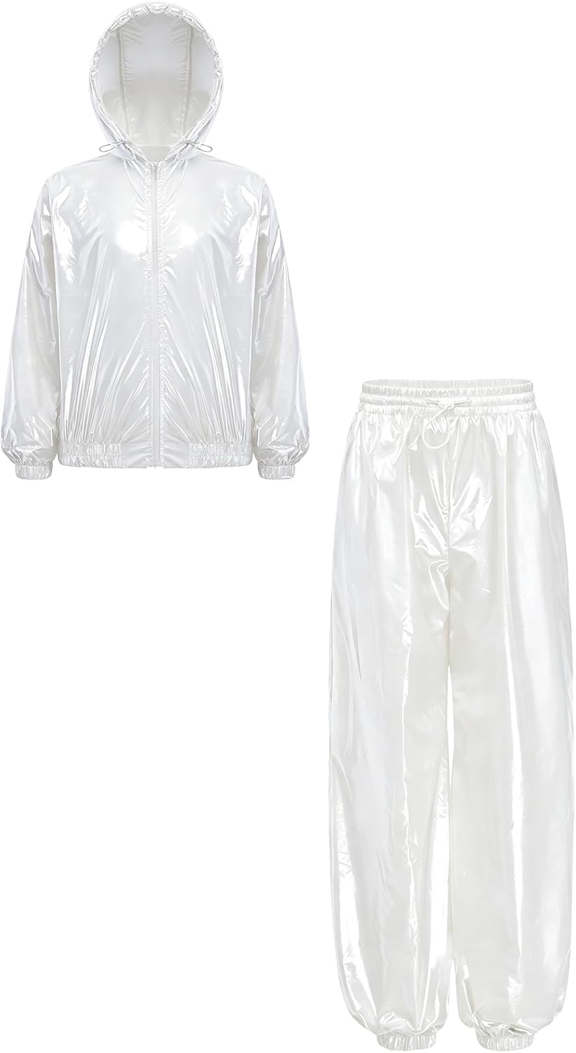 Boys Metallic Hooded Jacket Pants Set Raincoat Set Ivory 14 Years