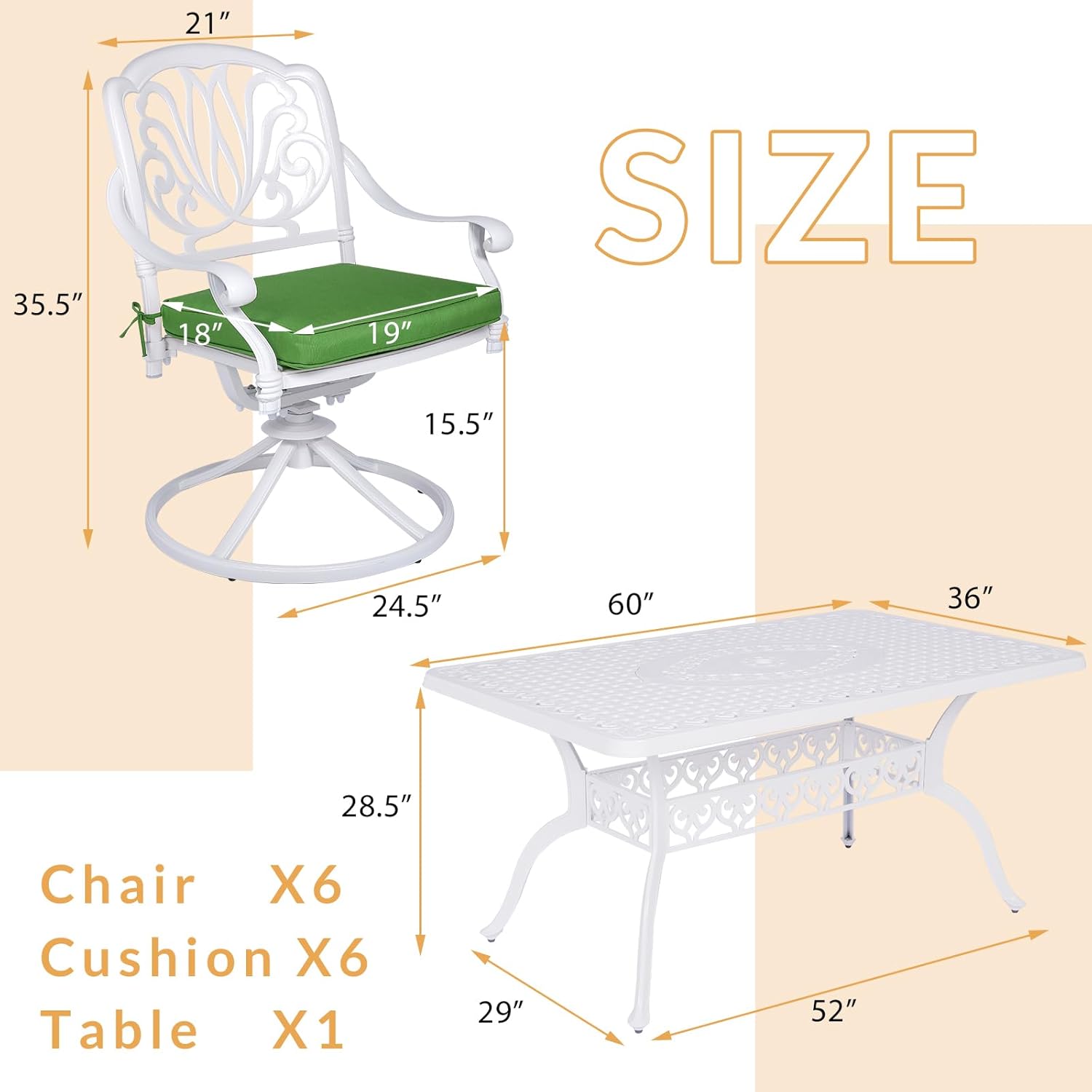 7-Piece Outdoor Patio Dining Set, 60” Rectangular Cast Aluminum Dining Table with Umbrella Hole and 6 Cushioned Swivel Rocker Chairs, Patio Funiture Set for Backyard, Patio, Garden, White