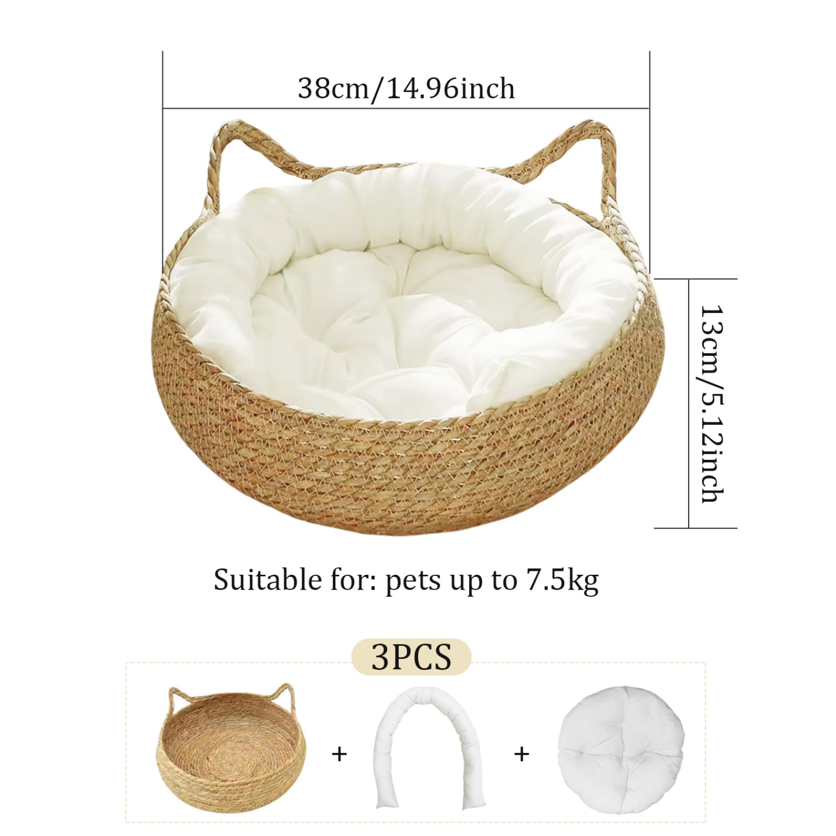 Letto a ciambella per gatti in vimini per gatti da interno, 38,1 x 12,7 cm, 2 in 1, cestino per gatti intrecciato con morbido cuscino antigraffio, comodo cestino rotondo in vimini per gatti