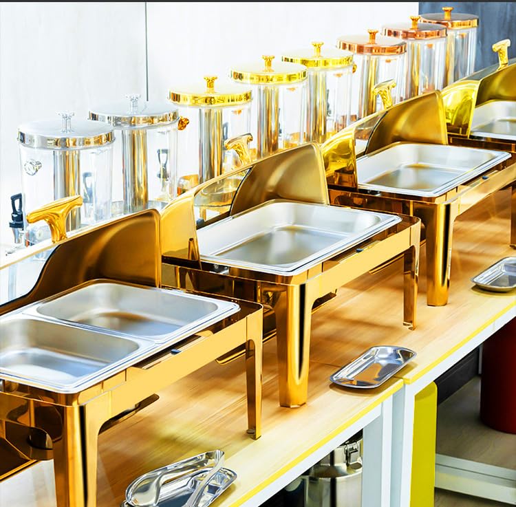 4 Packs 9QT Gold Roll Top Chafing Dish Buffet Set, Rectangular Stainless Steel Buffet Warmer Chafers and Warmers Sets with Thick Frame for Catering Events Parties Weddings Dinners, Luxury Gold