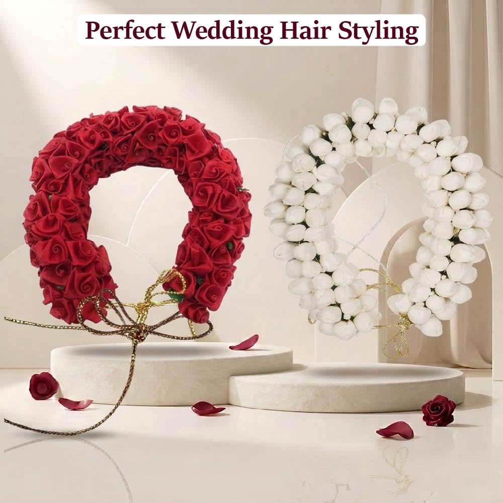 Gozby WellPoint Artificial Flower Gajra Bun Juda Maker – Hair Accessories for Women & Girls, White & Maroon Floral for Wedding, Bridal, Bridesmaid & Festive Decoration (2 psc) 2