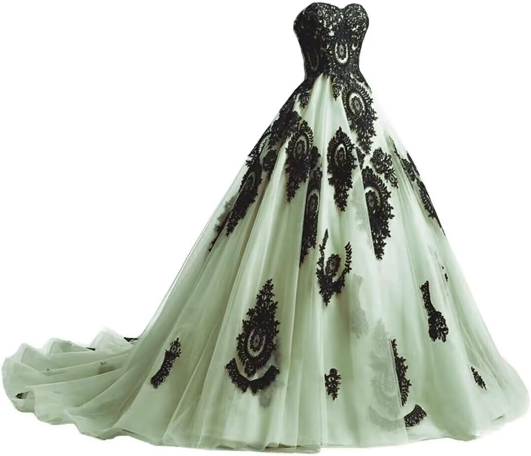 Mouccy Vintage Black Appliques Wedding Dresses for Bride Lace Strapless Prom Dress with Train A-line Tulle Formal Party Gown