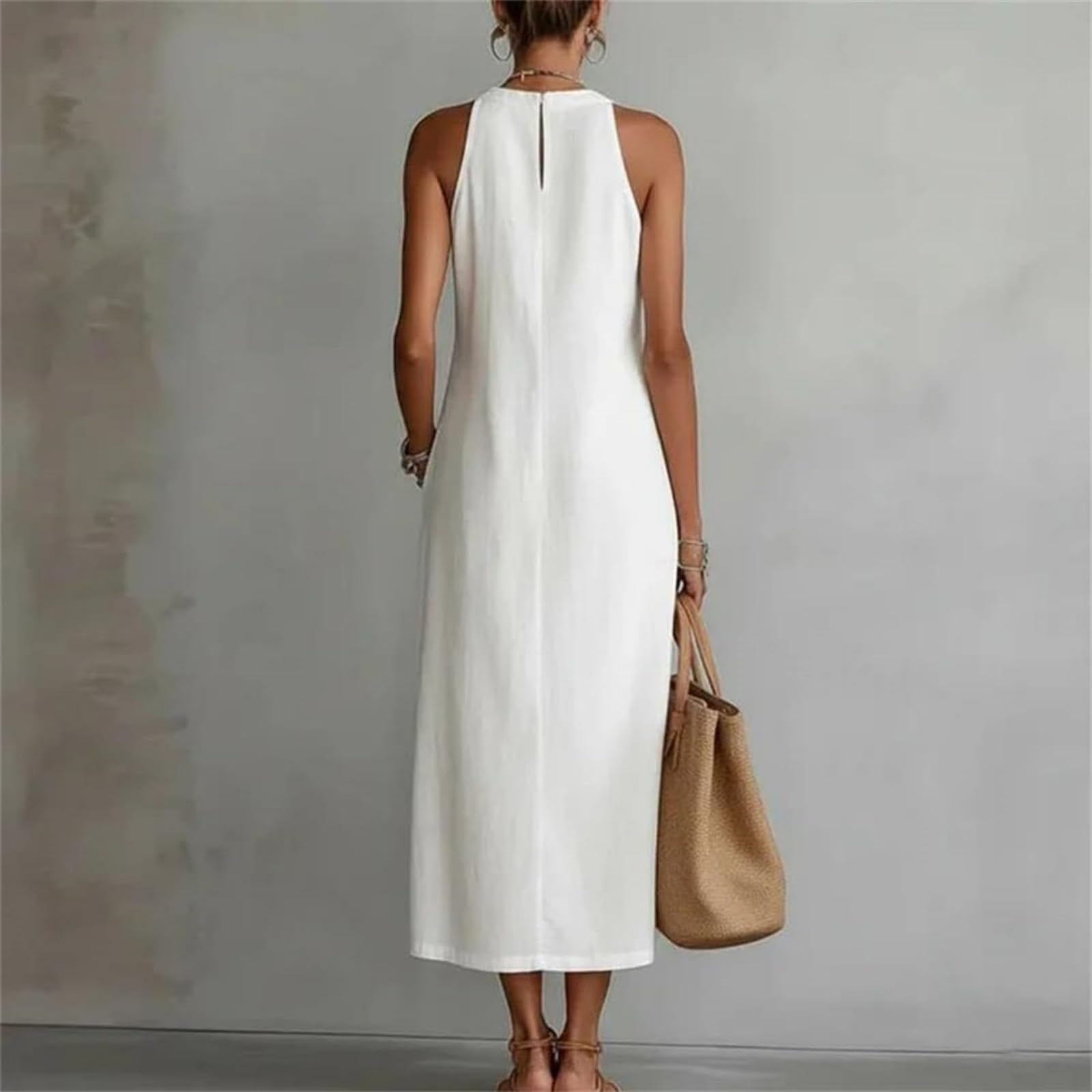 Generico Abiti Boho da Donna | Abito Estivo 2026 Senza Maniche con Collo all'Americana, Inserti in Pizzo e Tasche | Ideale per Vacanze e Tempo Libero