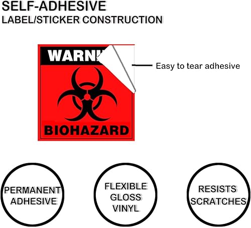 Miniatura 3 de Etiqueta de advertencia de seguridad de peligro biológico de 1 x 1 pulgada, etiqueta de advertencia de peligro biológico rojo fluorescente,