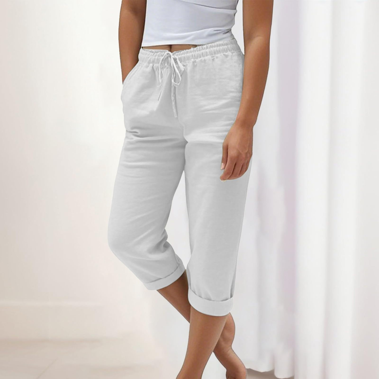 Pantaloni estivi da donna, leggeri, 7/8, in lino, a gamba dritta, con elastico, in tinta unita, per il tempo libero, per viaggi, vita quotidiana e relax