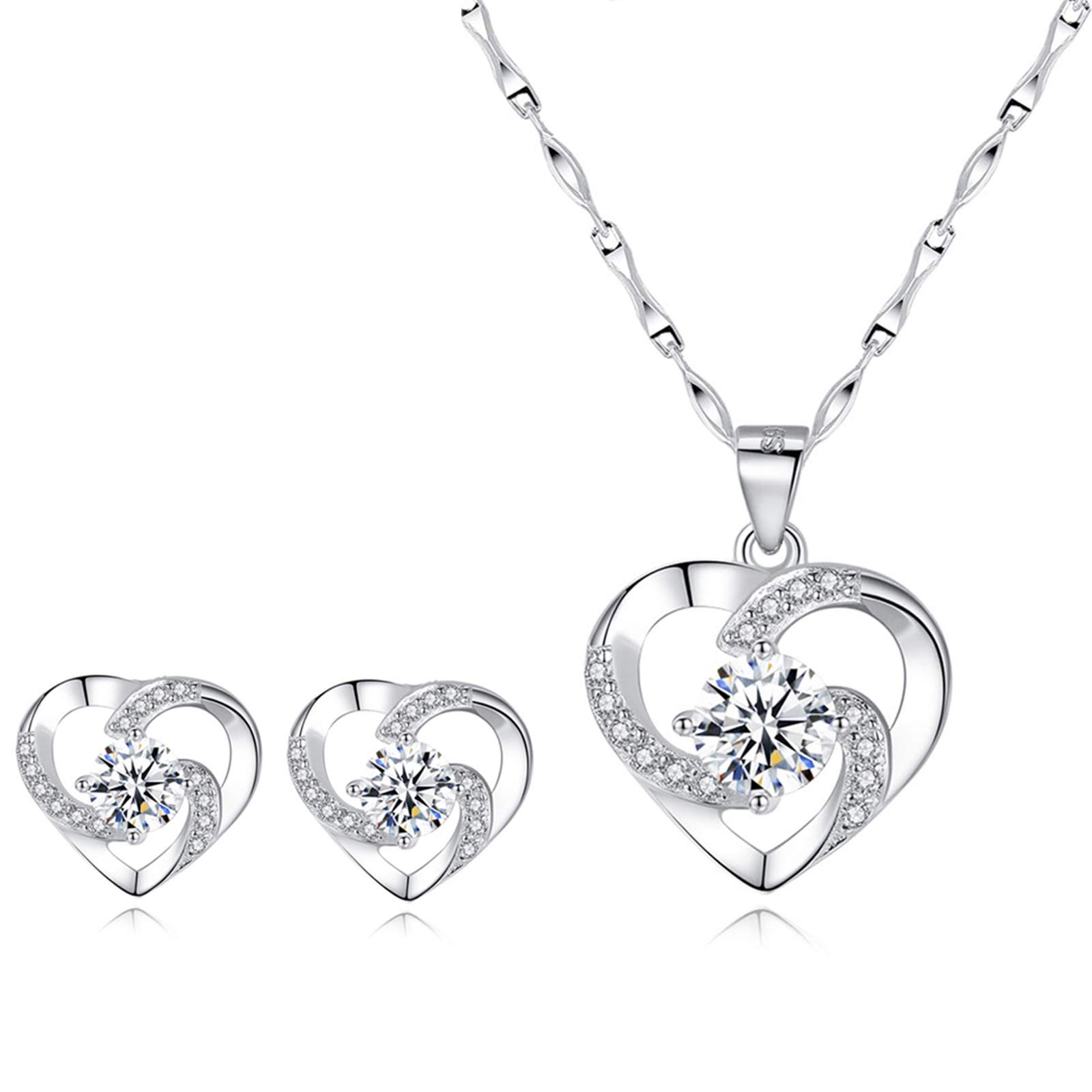 Jewelry Set for women, 925 Sterling Silver Stud Earrings, Love Pendant Necklace with White/Purple/Blue Cubic Zirconia for Girlfriend , Best Valentines