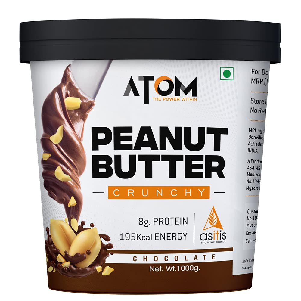 AS-IT-IS Atom Chocolate Peanut Butter Crunchy 1kg/35.2 Oz | Gluten Free 100% Plant-based Dairy-free Zero Transfats, Zero Cholesterol Made of Fresh, Roasted Peanuts