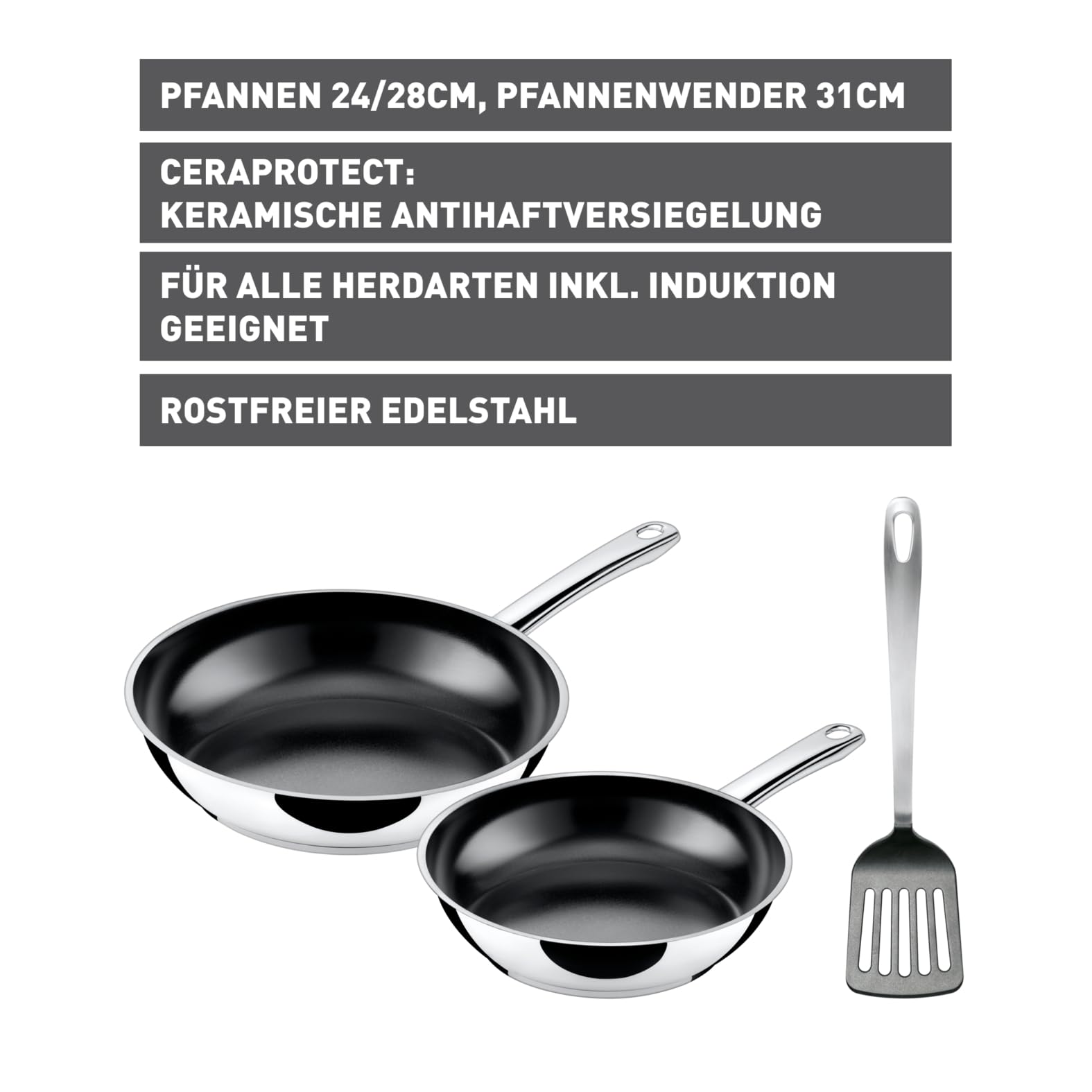 Silit Talis Pfannenset 3-teilig, mit Pfannenwender, Bratpfanne 24, 20 cm, Pfanne Induktion, Edelstahl beschichtet, backofenfest