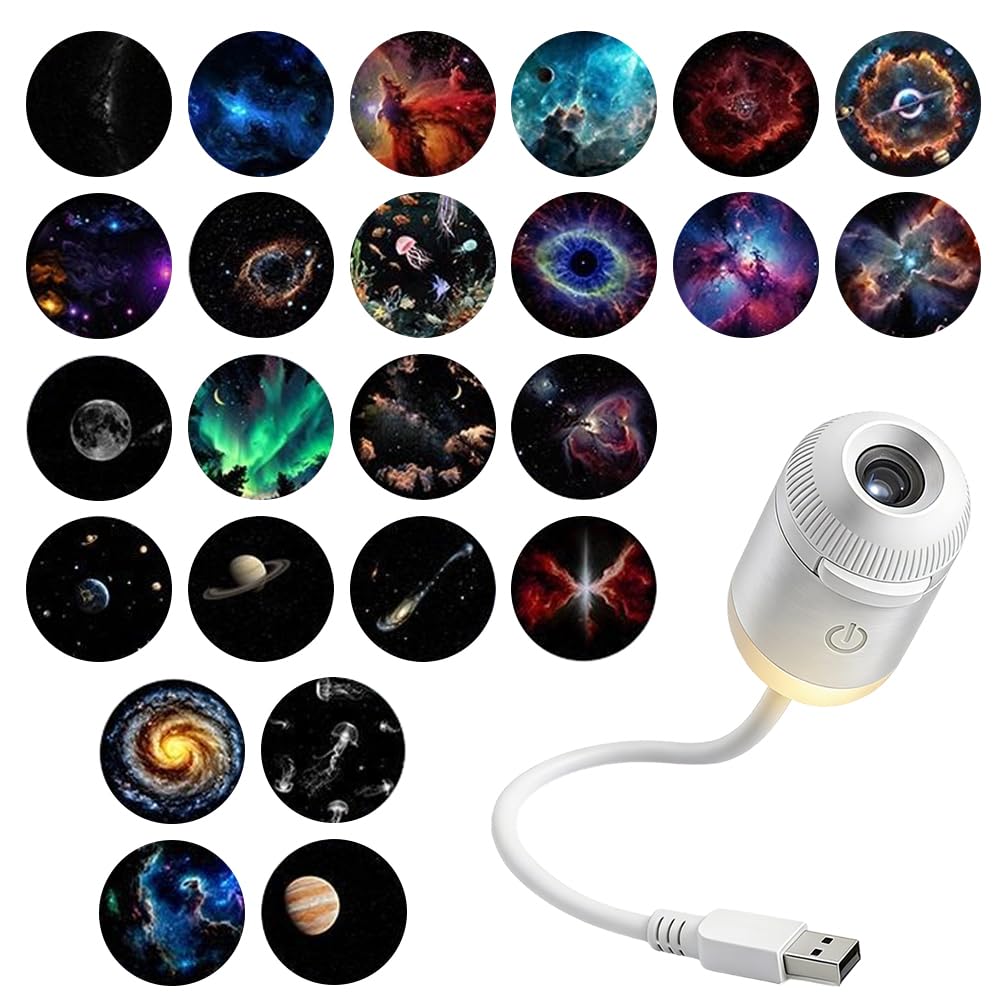 2-in-1 Galaxy Projector Night Light, USB Starry Sky Night Light Projector with Adjustable Brightness, Mini LED Projection Lamp for Bedroom Ceiling Wall Room Decor (24 Projection Films)