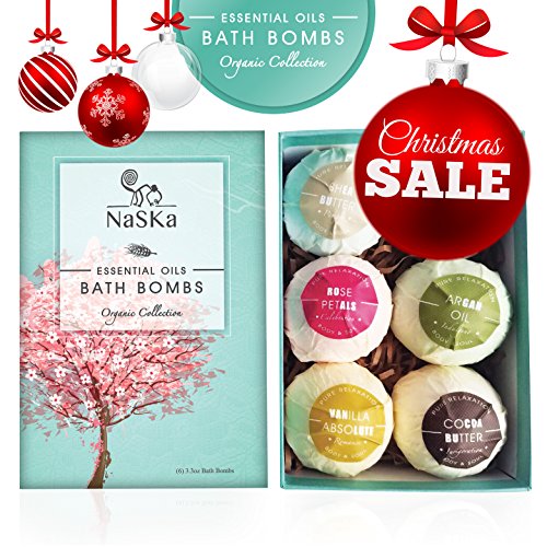 Essential Oils Bath Bombs by Naska | Organic Natural Ingredients | Beautiful Gift Set | 6x3.3oz Lush Spa Floating Fizzies | Special Bonus - 140 pages eBook