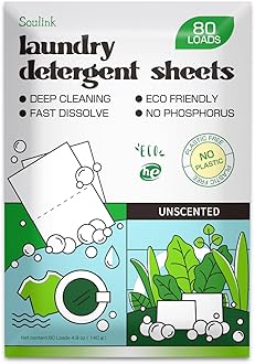 Soulink Laundry Detergent Sheets, 80 Count, Unscented, Plant-based, Eco-Friendly, No Plastic Jug, No Soap Strips, Hypoallergenic, Safe for Sensitive Skin