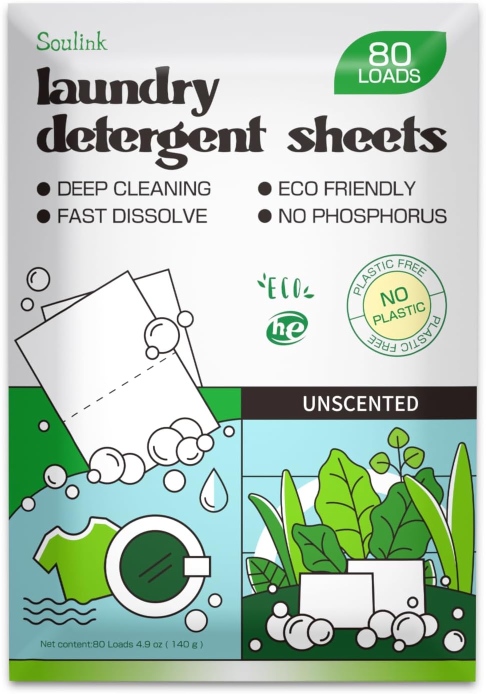 Soulink Laundry Detergent Sheets, 80 Count, Unscented, Plant-based, Eco-Friendly, No Plastic Jug, No Soap Strips, Hypoallergenic, Safe for Sensitive Skin