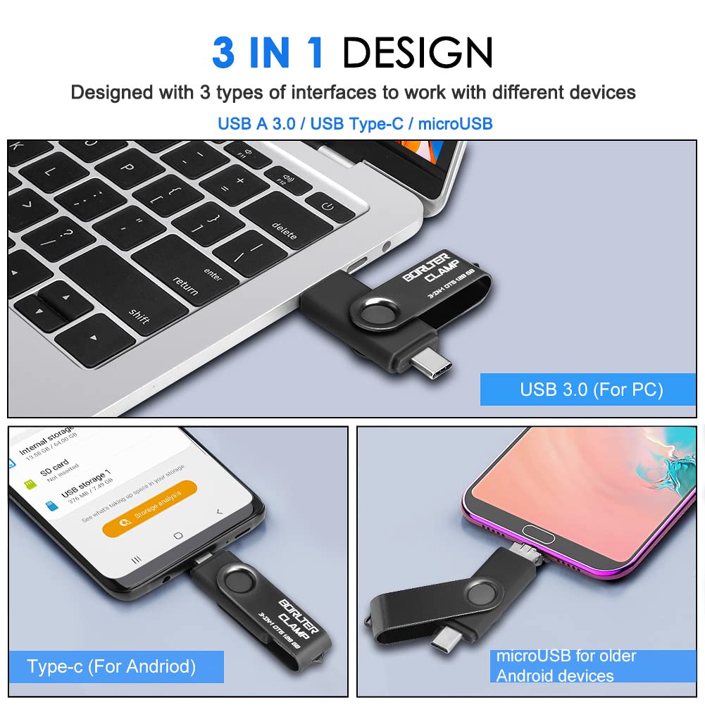Chiavetta USB 3.0 da 256 GB Unità Flash 3 in 1 per Telefoni Android, BorlterClamp Pendrive OTG Pennetta USB con 3 Porte USB (USB C/microUSB/USB 3.0) per Samsung Galaxy, PC e Altro (Nero)