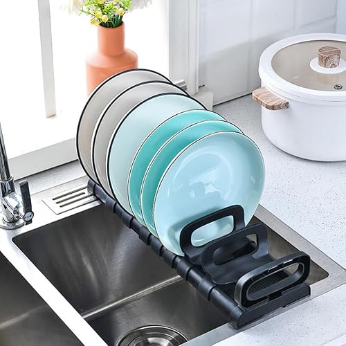 Miniatura 8 de Estante de plástico para secar platos, soporte ajustable para platos de cocina, soporte de plato de cocina, estante de drenaje, estante de gabinete