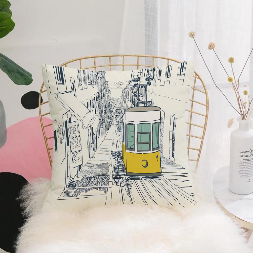 Hyosxw Street Drawn In Sketch Style, Quiet Street I - A2 Cushion Cover,Throw Pillow Case Home Decorative For Living Room Bedroom Sofa Chair 18X18 Inch,Street Drawn In Sketch Style, Quiet Street In Lisbon With Yellow Tram And Sketc,Pillowcase 45X45cm