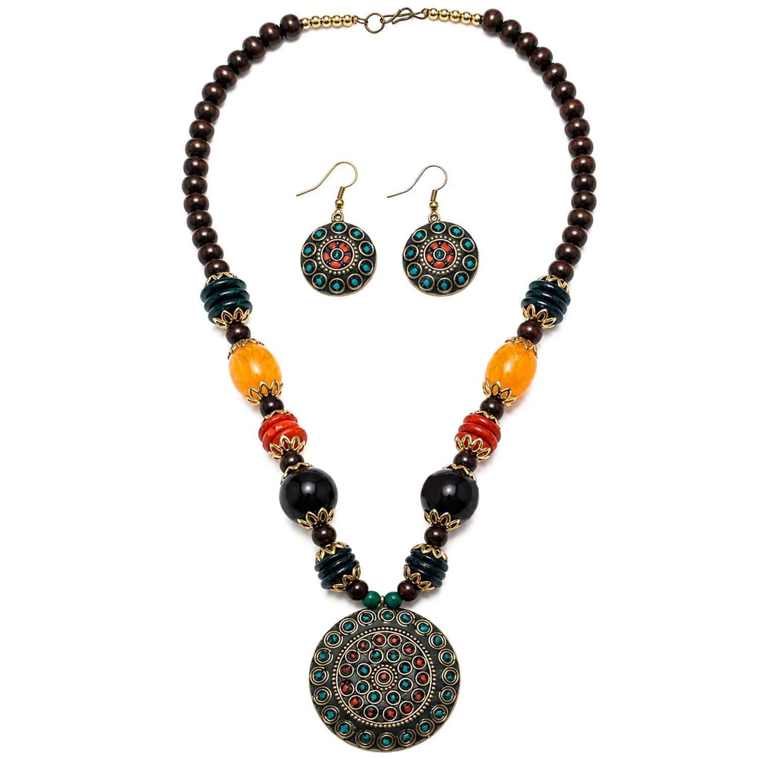 Ziyans Fashion Latest Traditionl Tibatean Multicolor Necklace Afghani with Earring Tibetan Pendant Necklace Jewellery Set for Women