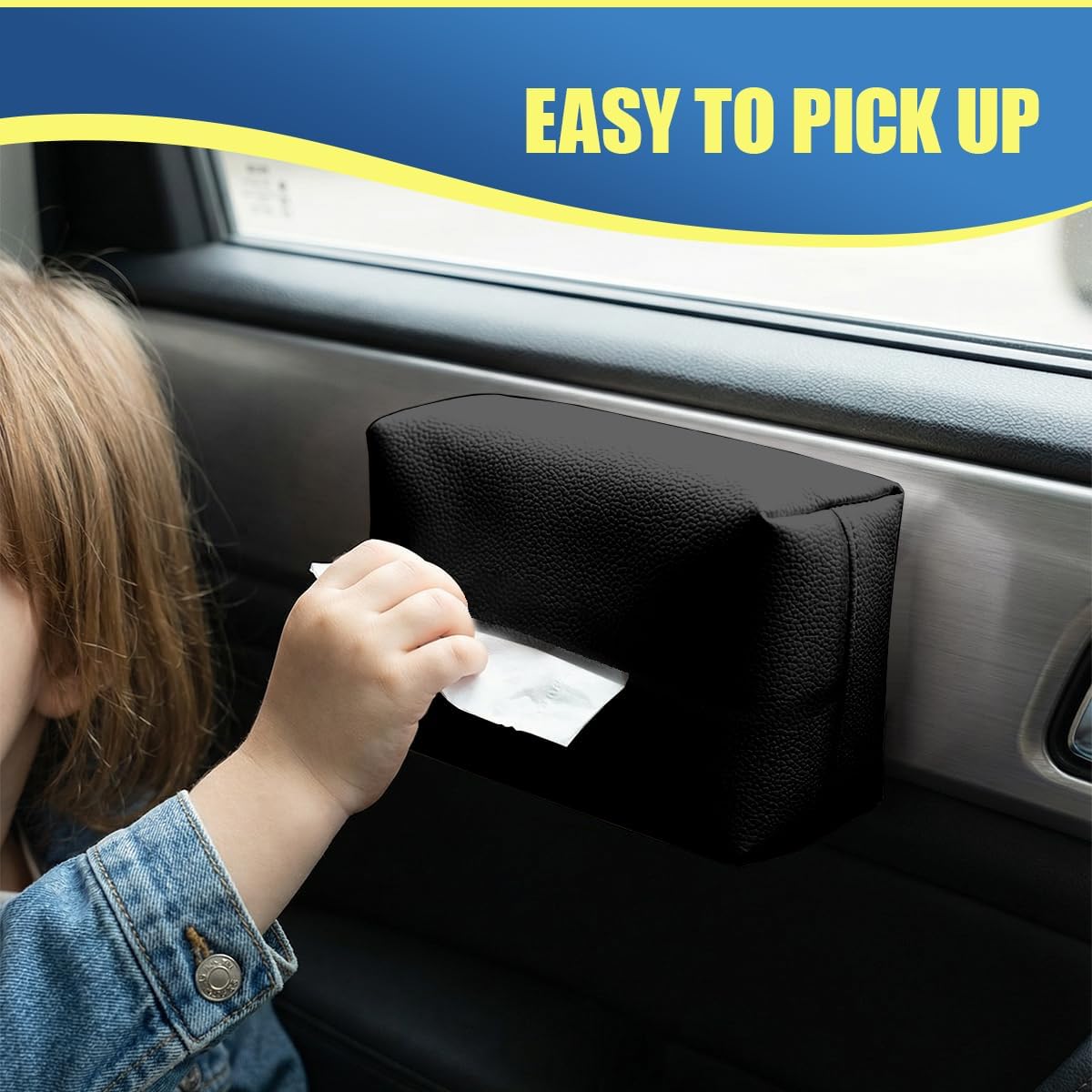 Car Tissue Holder, Leather Tissues Box Keep Vehicle Tidy, Extra Large Auto Napkin Organizer Fit for 100-150 Tissues, Magnetic Installation for Seat Back, Armrest, Center Console (Black) image 3